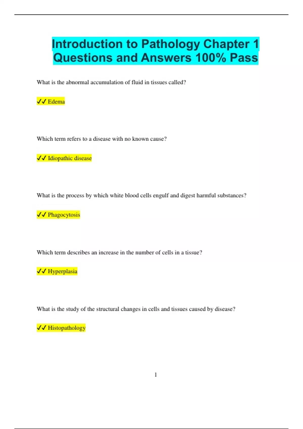 Introduction to Pathology Chapter 1 Questions and Answers 100% Pass ...