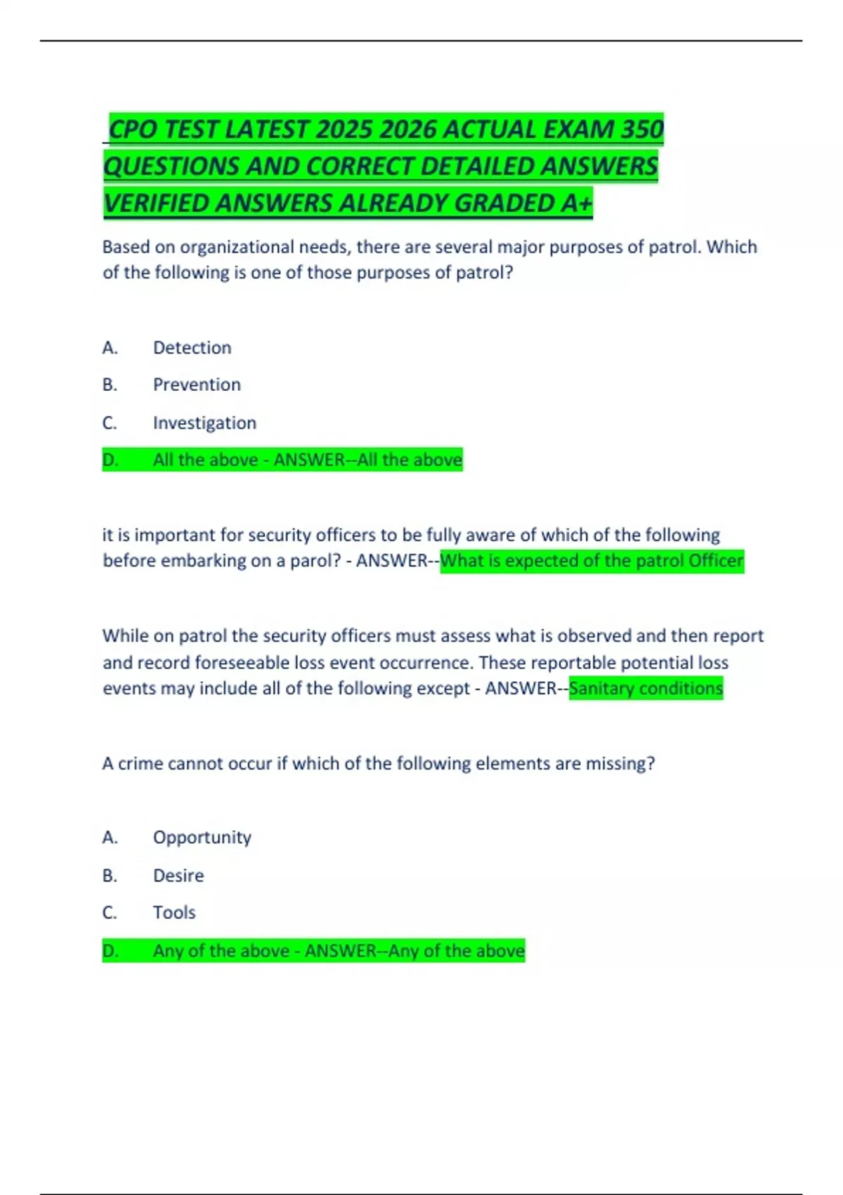 CPO TEST LATEST ACTUAL EXAM 350 QUESTIONS AND CORRECT DETAILED ANSWERS ...