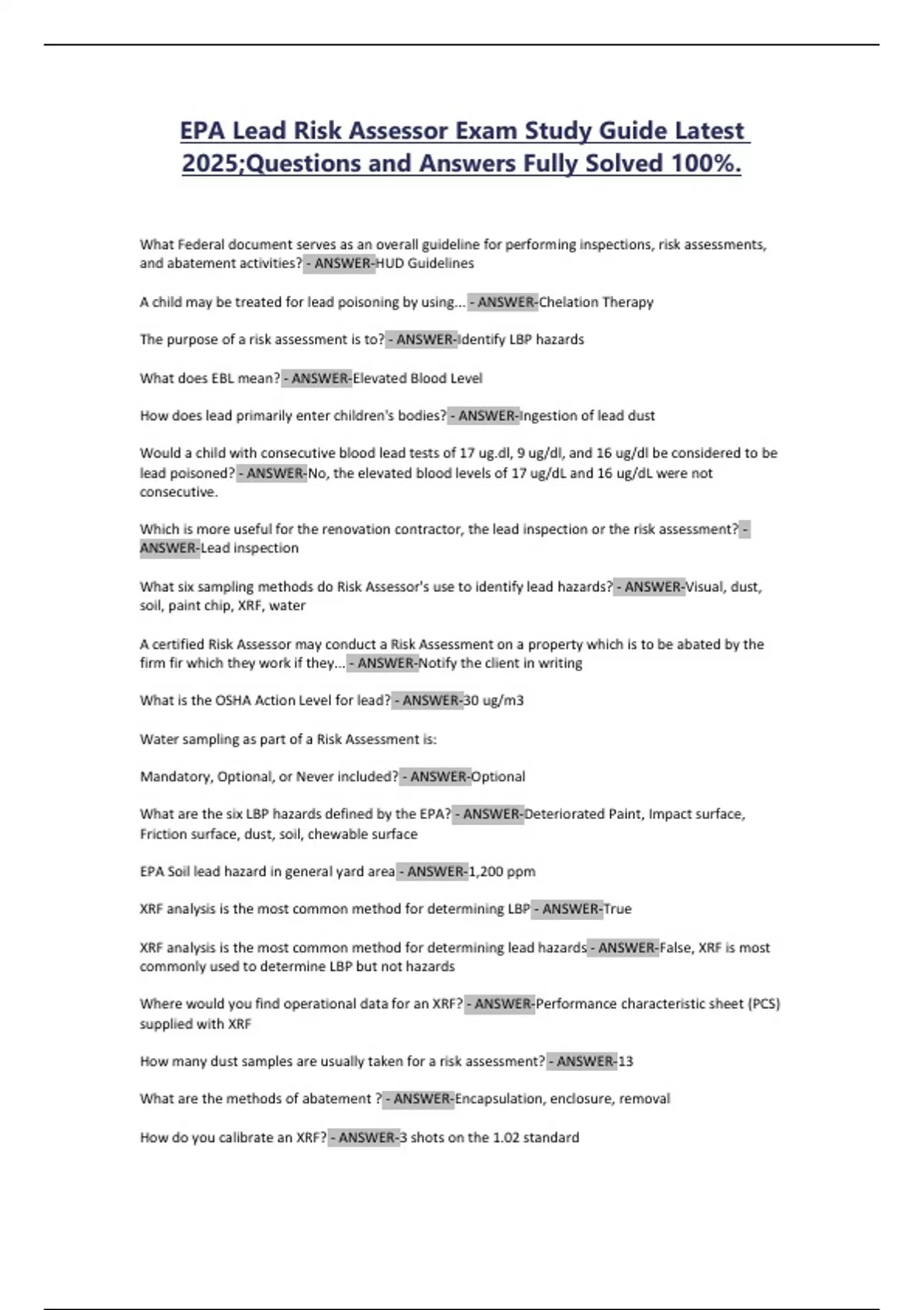 EPA Lead Risk Assessor Exam Study Guide Latest 2025 - EPA Lead Risk ...