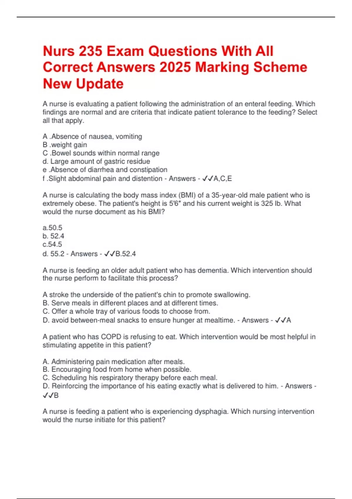 Nurs 235 Exam Questions With All Correct Answers 2025 Marking Scheme ...