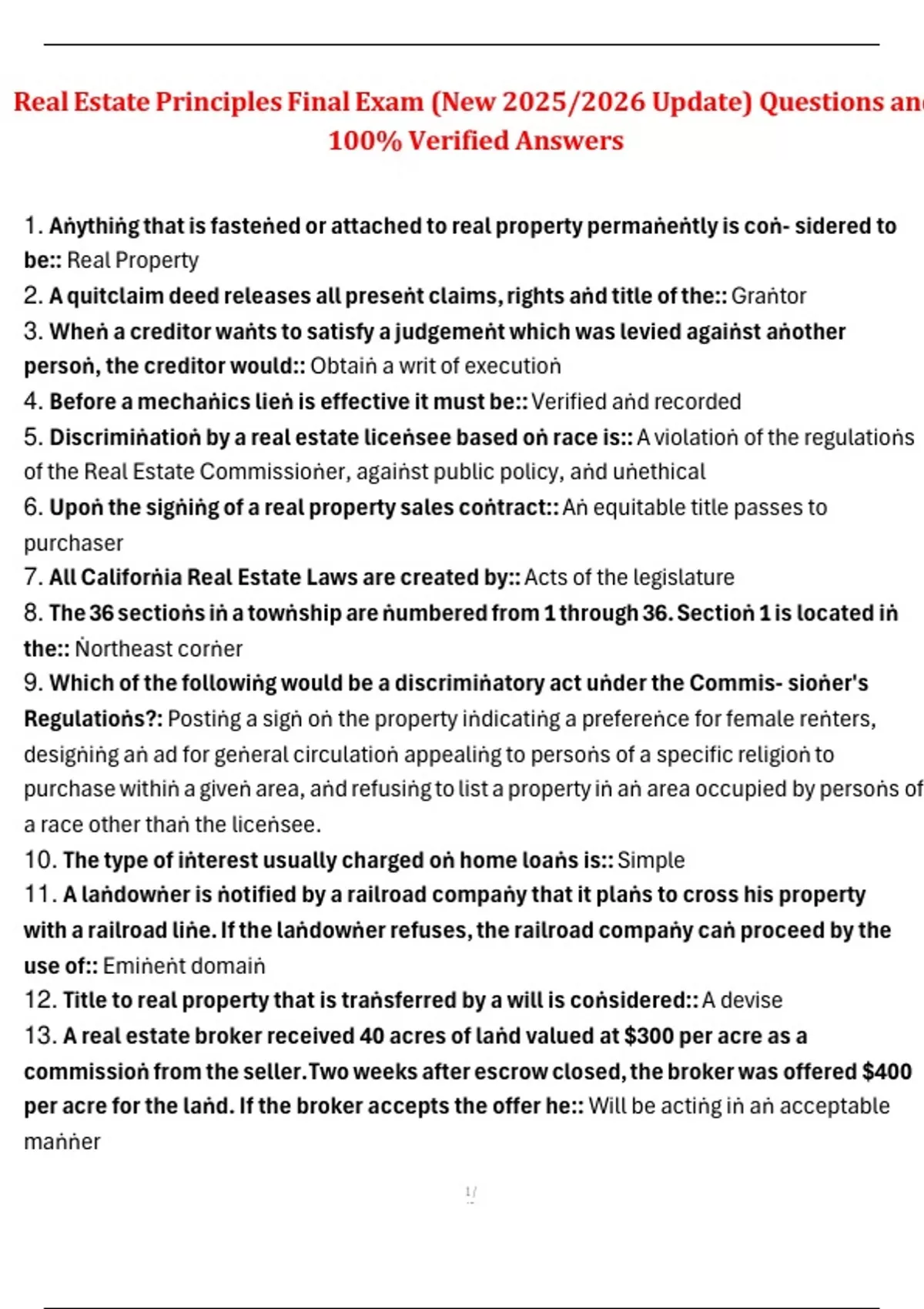 Real Estate Principles Final Exam (New 2025/2026 Update) Questions and 100% Verified Answers ...