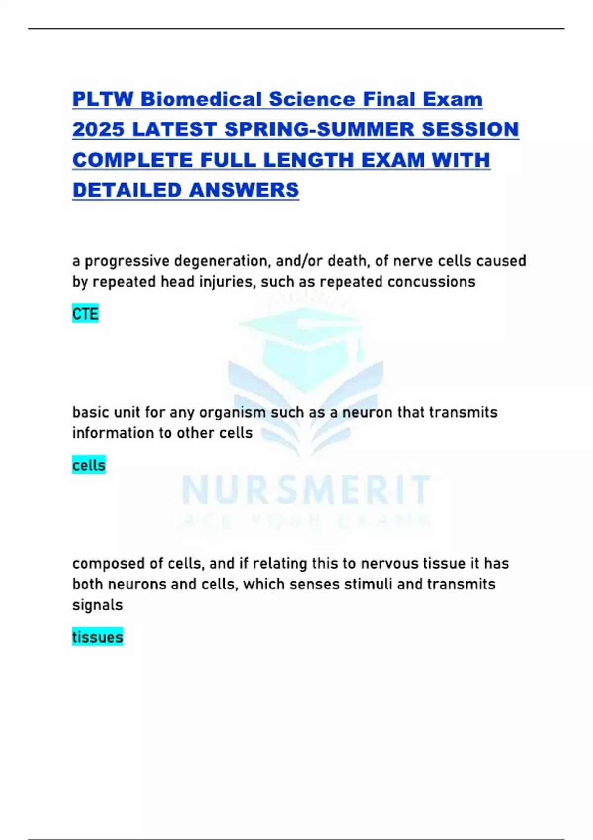 PLTW Biomedical Science Final Exam 2025 LATEST SPRING-SUMMER SESSION ...