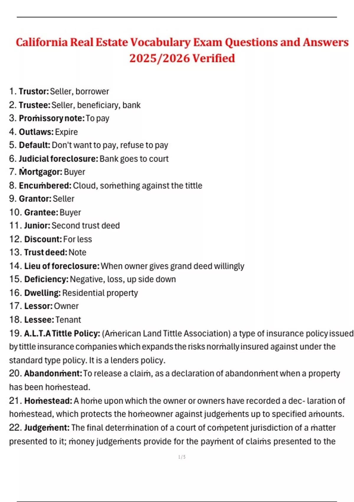 California Real Estate Vocabulary Exam Questions and Answers 2025/2026 Verified - California ...