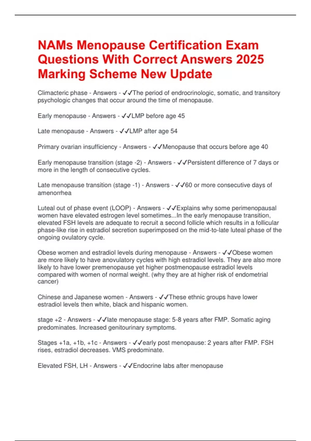 NAMs Menopause Certification Exam Questions With Correct Answers 2025 ...