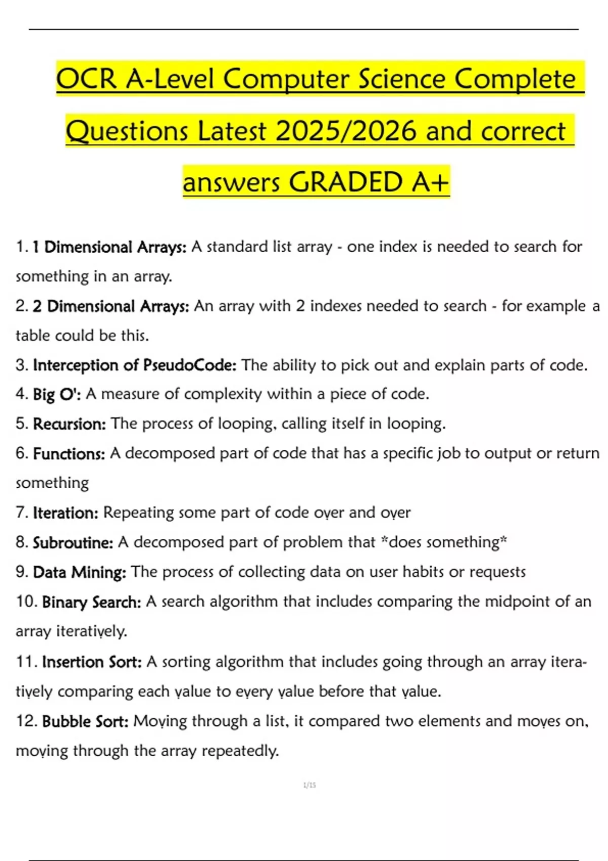 OCR A-Level Computer Science Complete Questions Latest 2025/2026 and ...