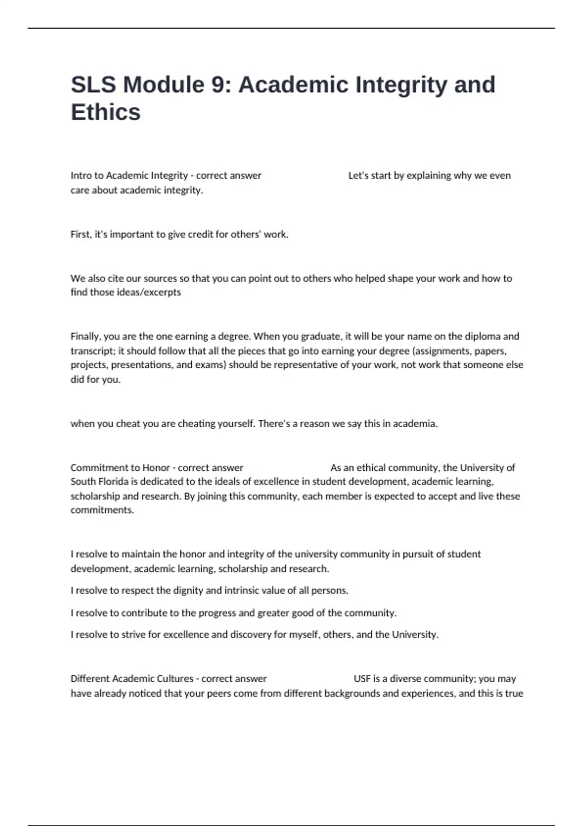 SLS Module 9: Academic Integrity and Ethics Advanced Test Questions And ...