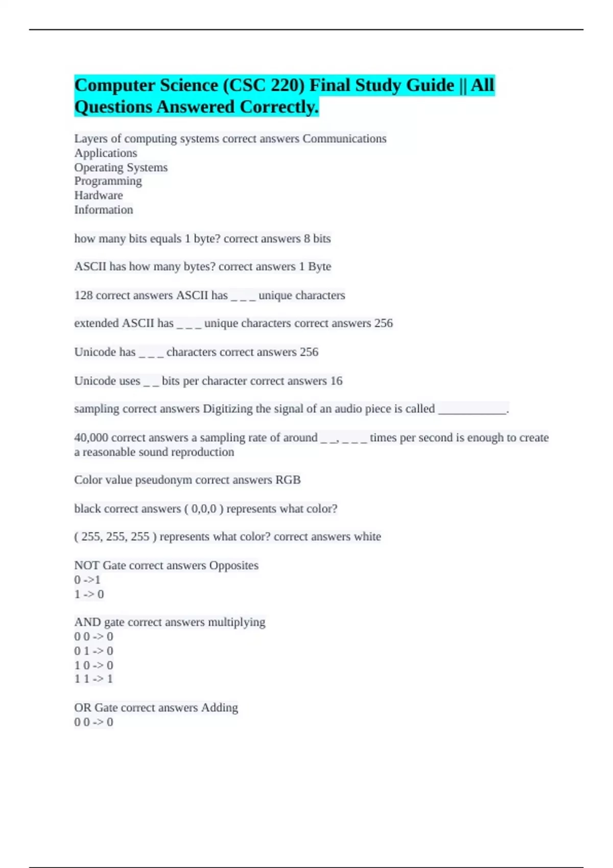 Computer Science (CSC 220) Final Study Guide || All Questions Answered ...