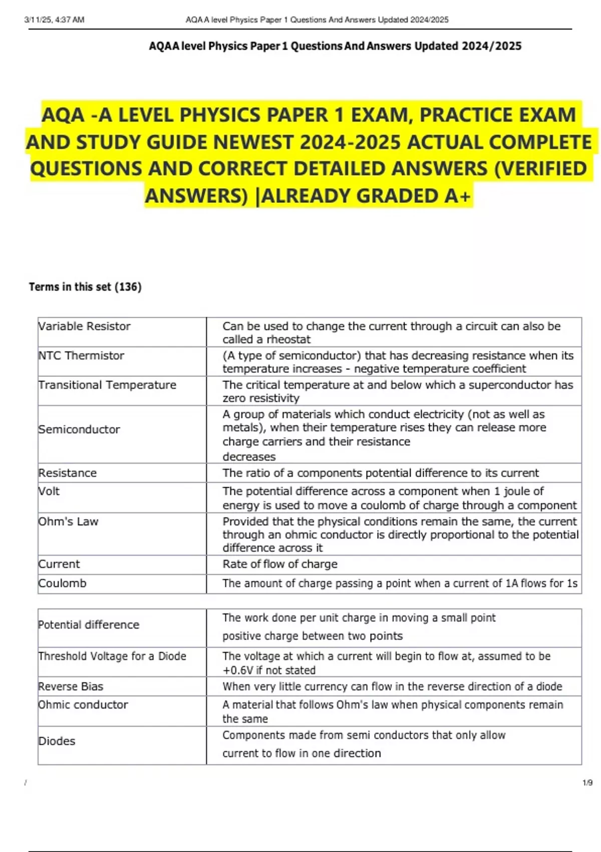 AQA -A LEVEL PHYSICS PAPER 1 EXAM, PRACTICE EXAM AND STUDY GUIDE NEWEST ...