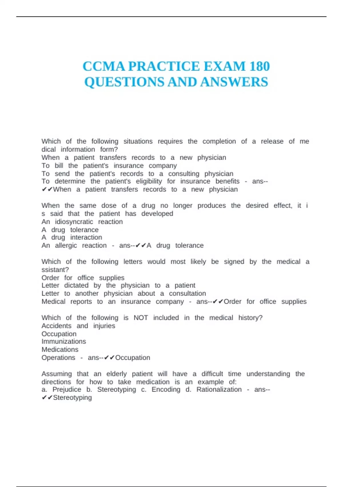 CCMA PRACTICE EXAM 180 QUESTIONS AND ANSWERS - 2025 NHA CCMA - Stuvia US