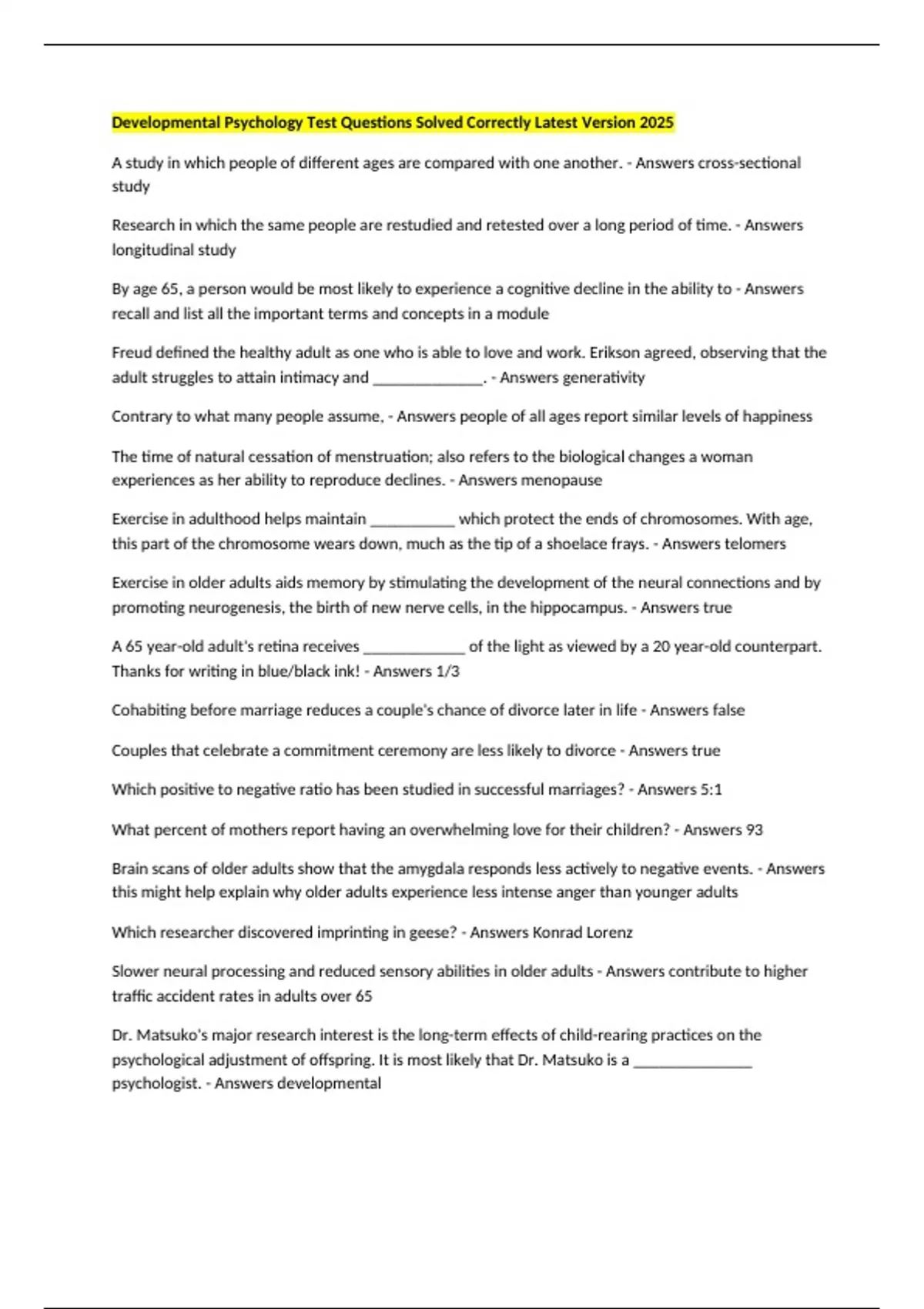 Developmental Psychology Test Questions Solved Correctly Latest Version ...