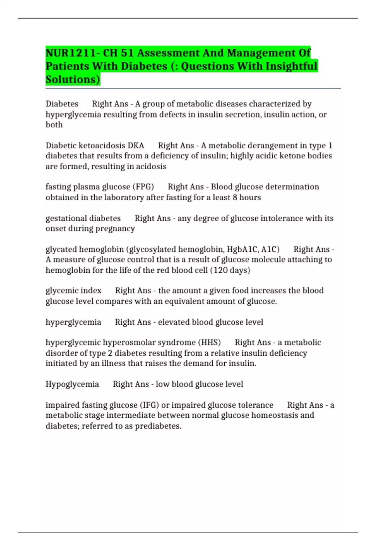 NUR1211- CH 51 Assessment And Management Of Patients With Diabetes ...