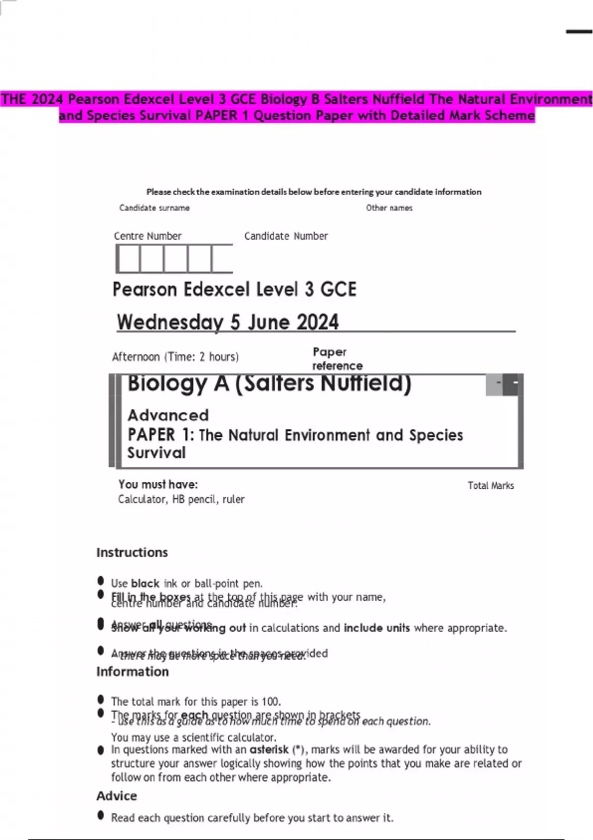 THE 2024 Pearson Edexcel Level 3 GCE Biology B Salters Nuffield The ...