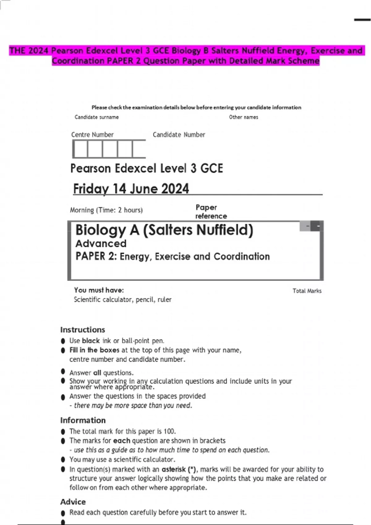 THE 2024 Pearson Edexcel Level 3 GCE Biology B Salters Nuffield Energy ...