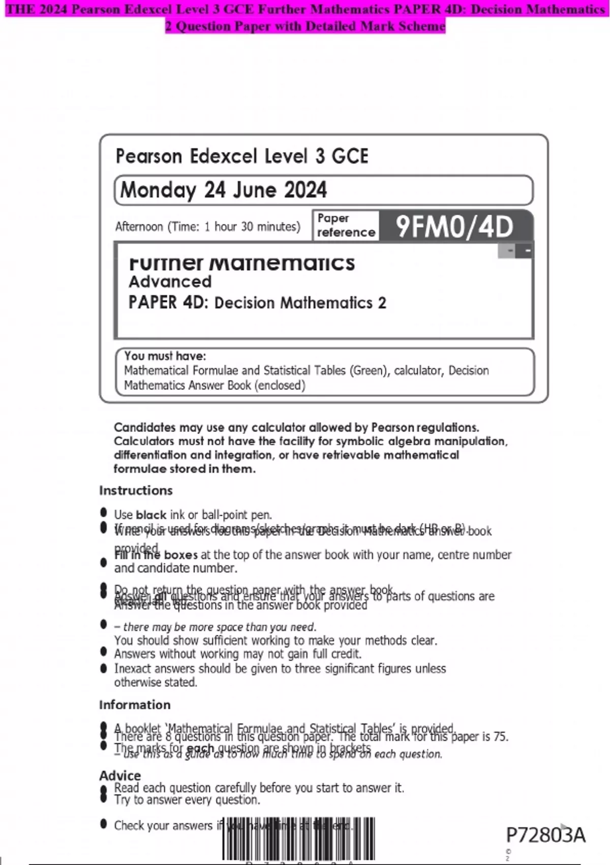 THE 2024 Pearson Edexcel Level 3 GCE Further Mathematics PAPER 4D ...