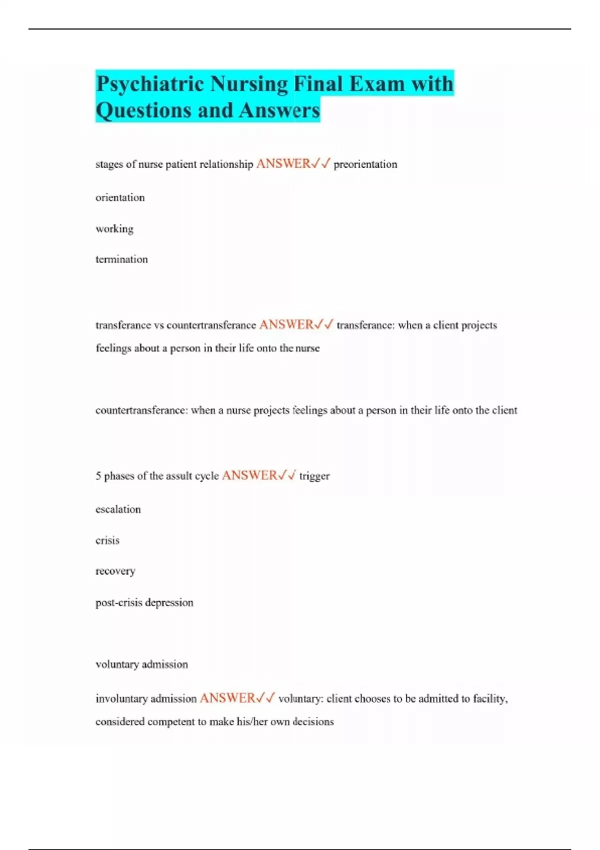 Psychiatric Nursing Final Exam with Questions and Answers - Nursing ...