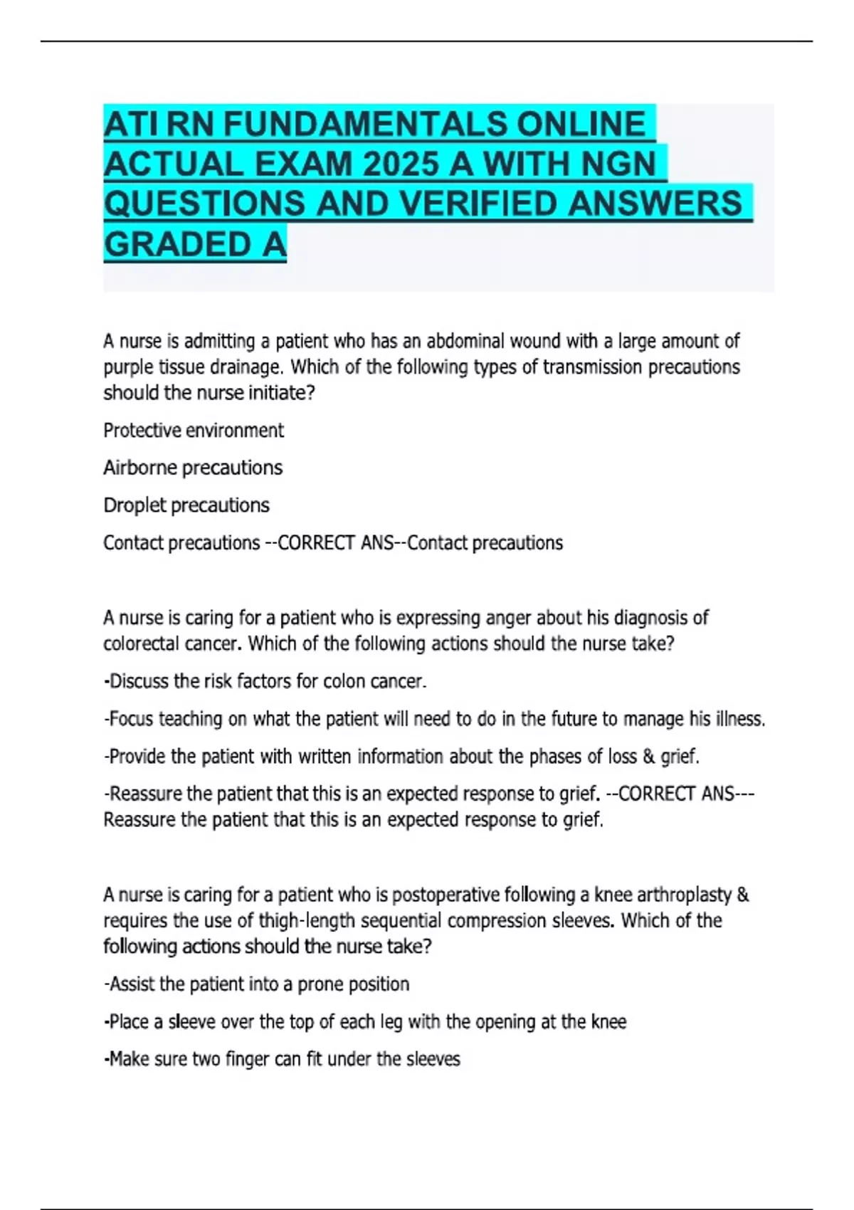 ATI RN FUNDAMENTALS ONLINE ACTUAL EXAM 2025 A WITH NGN QUESTIONS AND ...