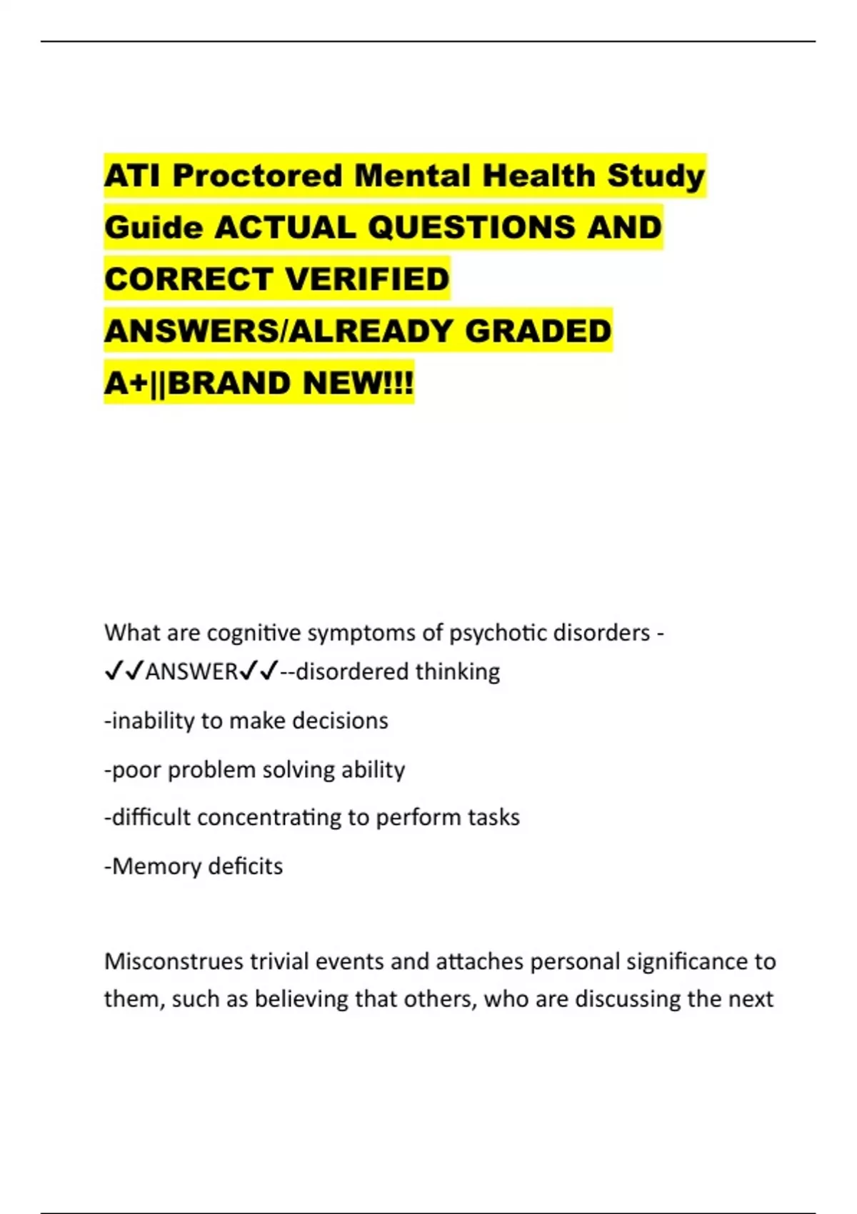 ATI Proctored Mental Health Study Guide ACTUAL QUESTIONS AND CORRECT ...