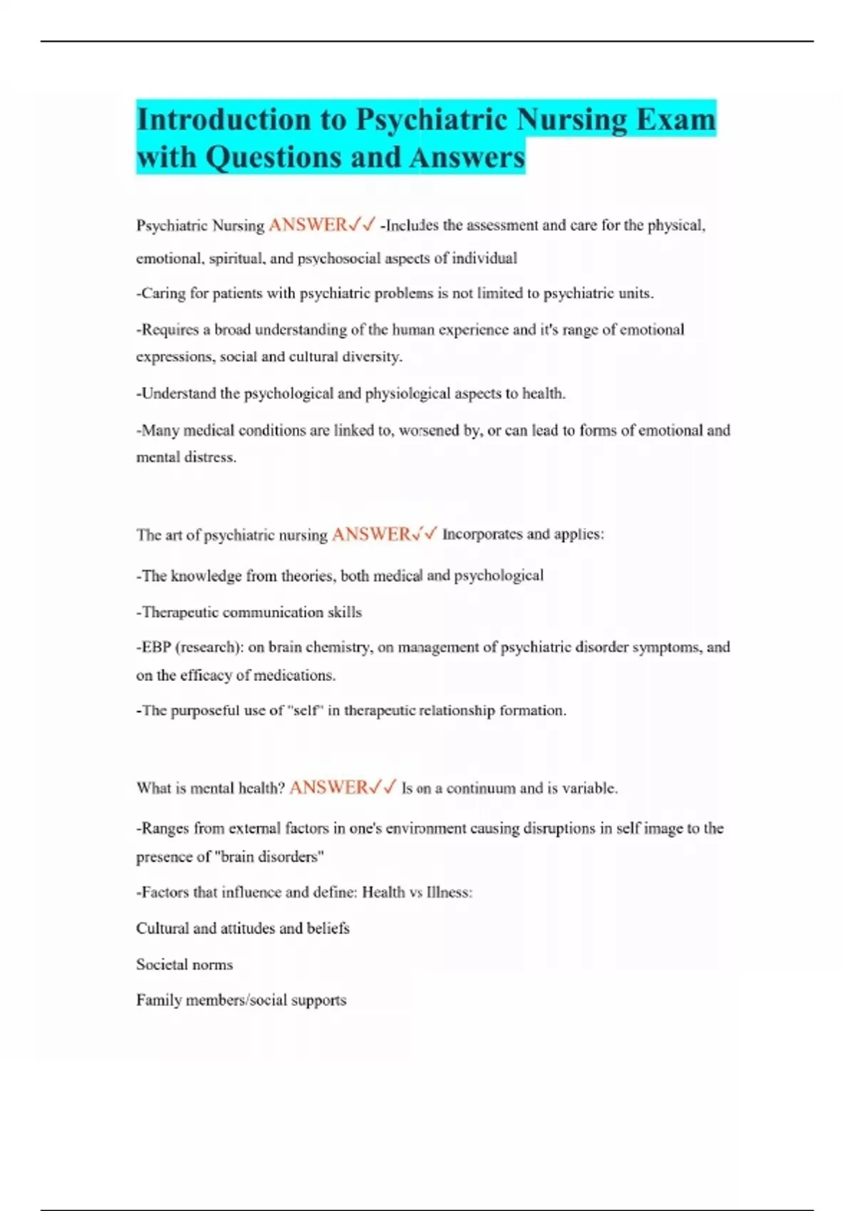 Introduction to Psychiatric Nursing Exam with Questions and Answers ...