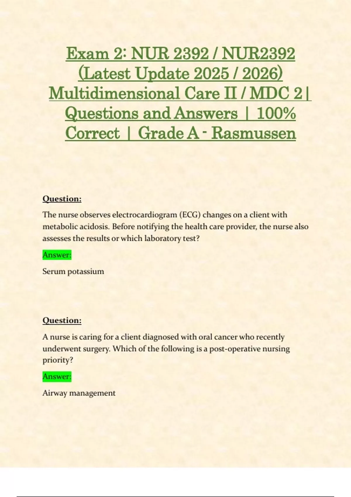 Exam 2: NUR 2392 / NUR2392 (Latest Update 2025 / 2026) Multidimensional ...