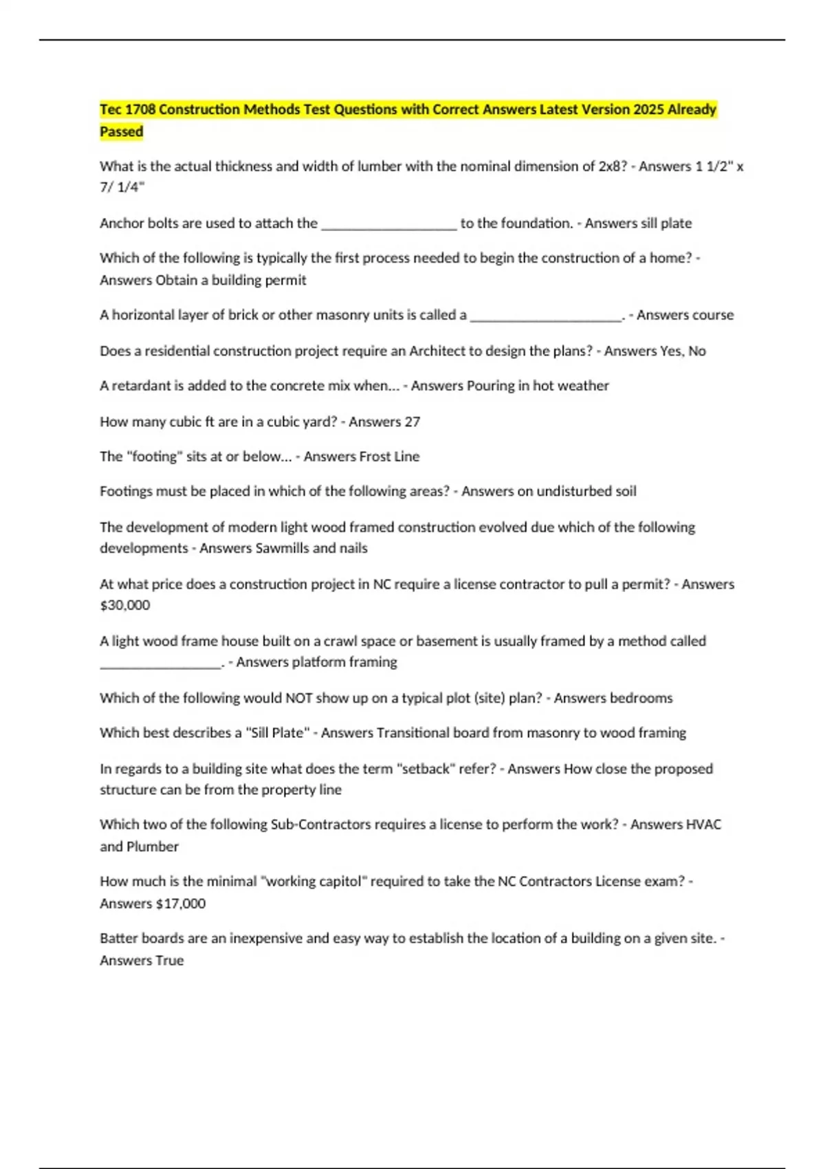 Tec 1708 Construction Methods Test Questions with Correct Answers ...