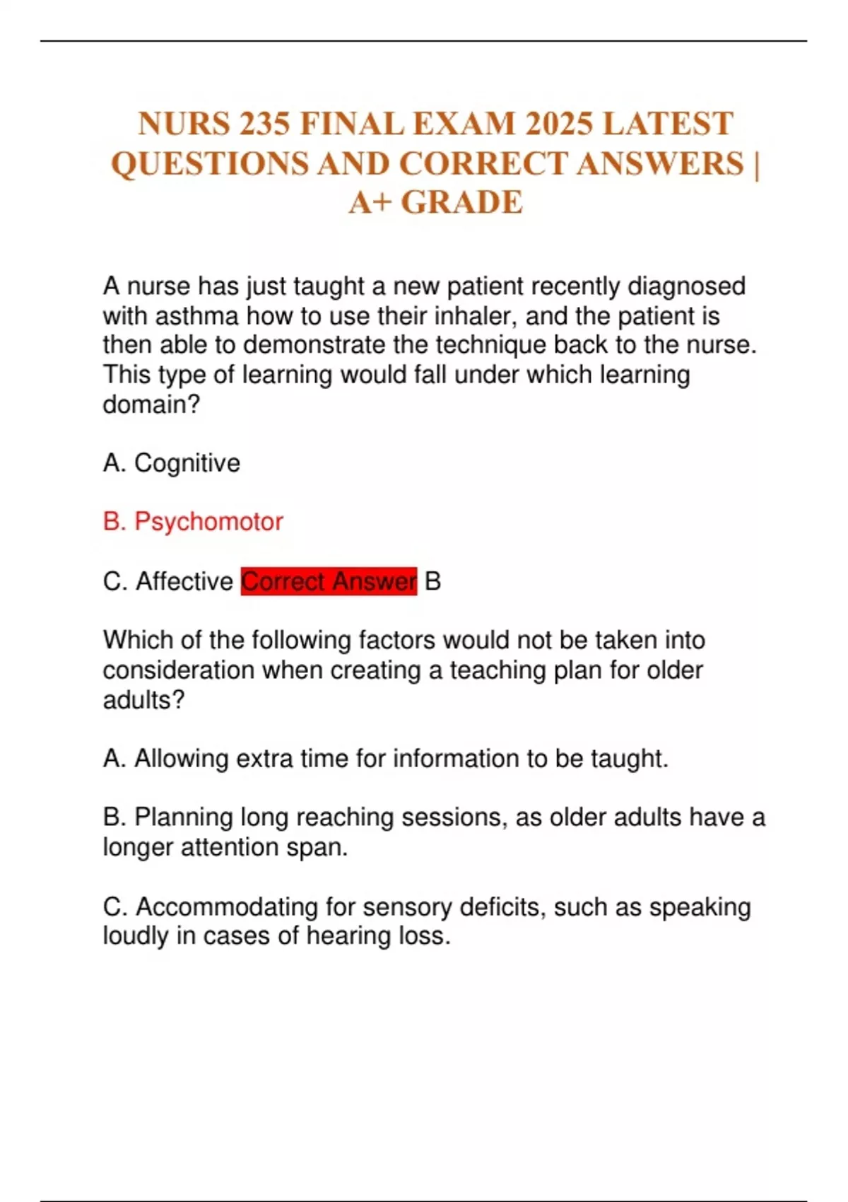NURS 235 FINAL EXAM 2025 LATEST QUESTIONS AND CORRECT ANSWERS | A+ ...