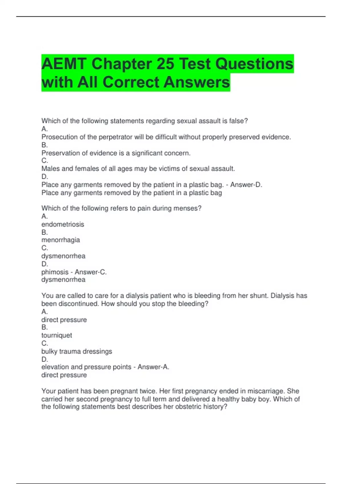 AEMT Chapter 25 Test Questions with All Correct Answers - AEMT - Stuvia US