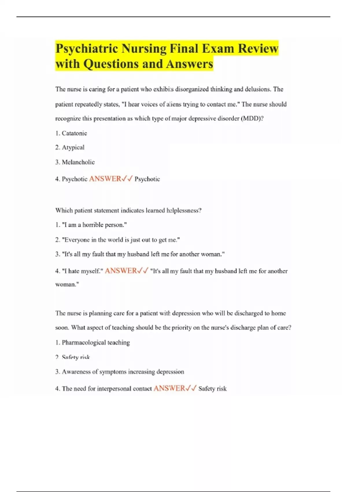 Psychiatric Nursing Final Exam Review with Questions and Answers ...