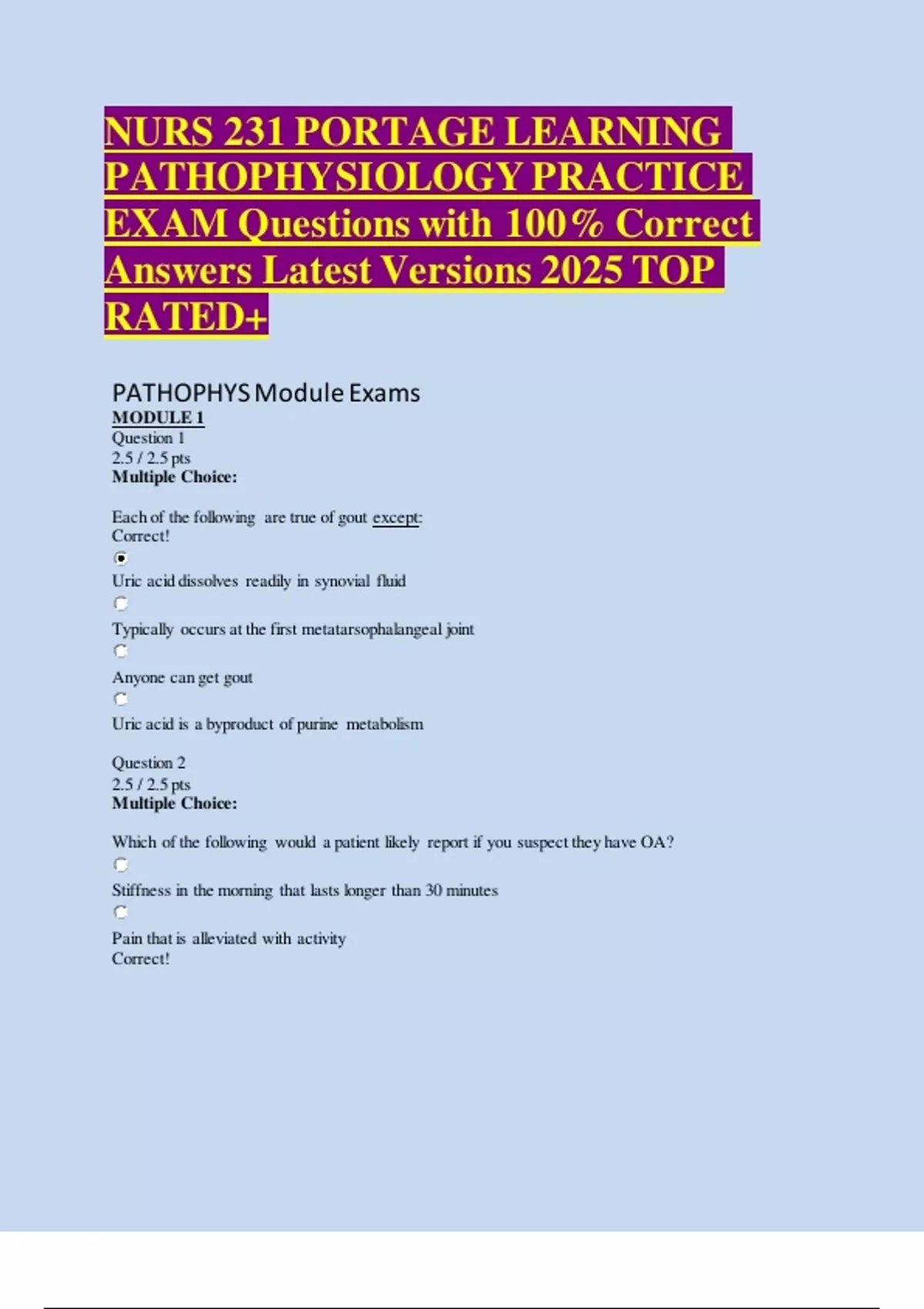 NURS 231 PORTAGE LEARNING PATHOPHYSIOLOGY PRACTICE EXAM Questions with ...