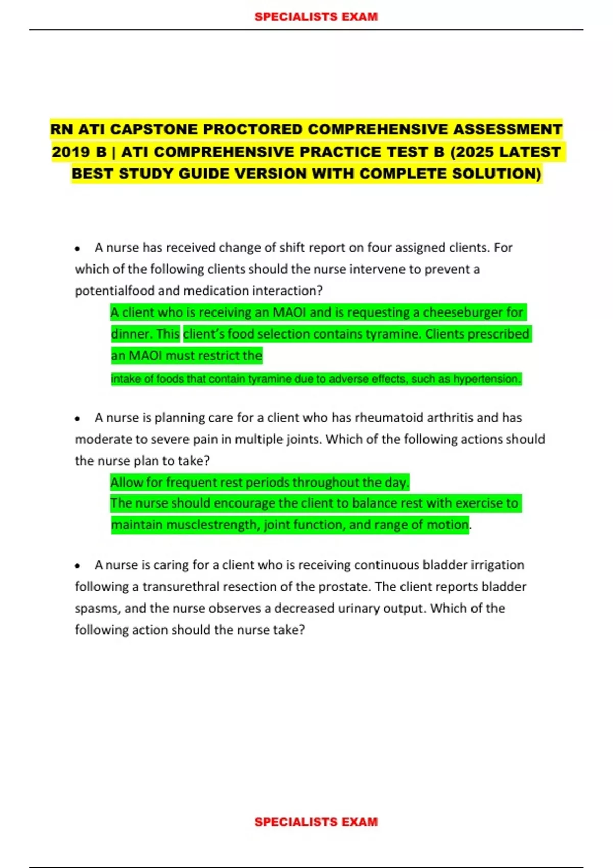 RN ATI CAPSTONE PROCTORED COMPREHENSIVE ASSESSMENT 2019 B | ATI ...