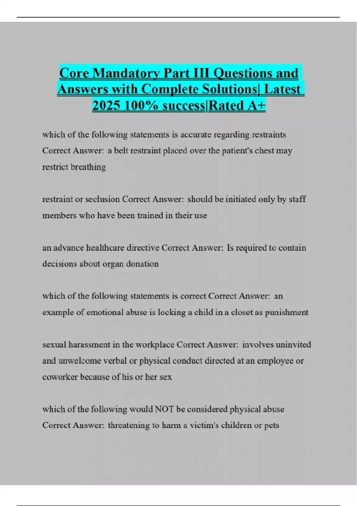 Core Mandatory Part III Questions and Answers with Complete Solutions ...