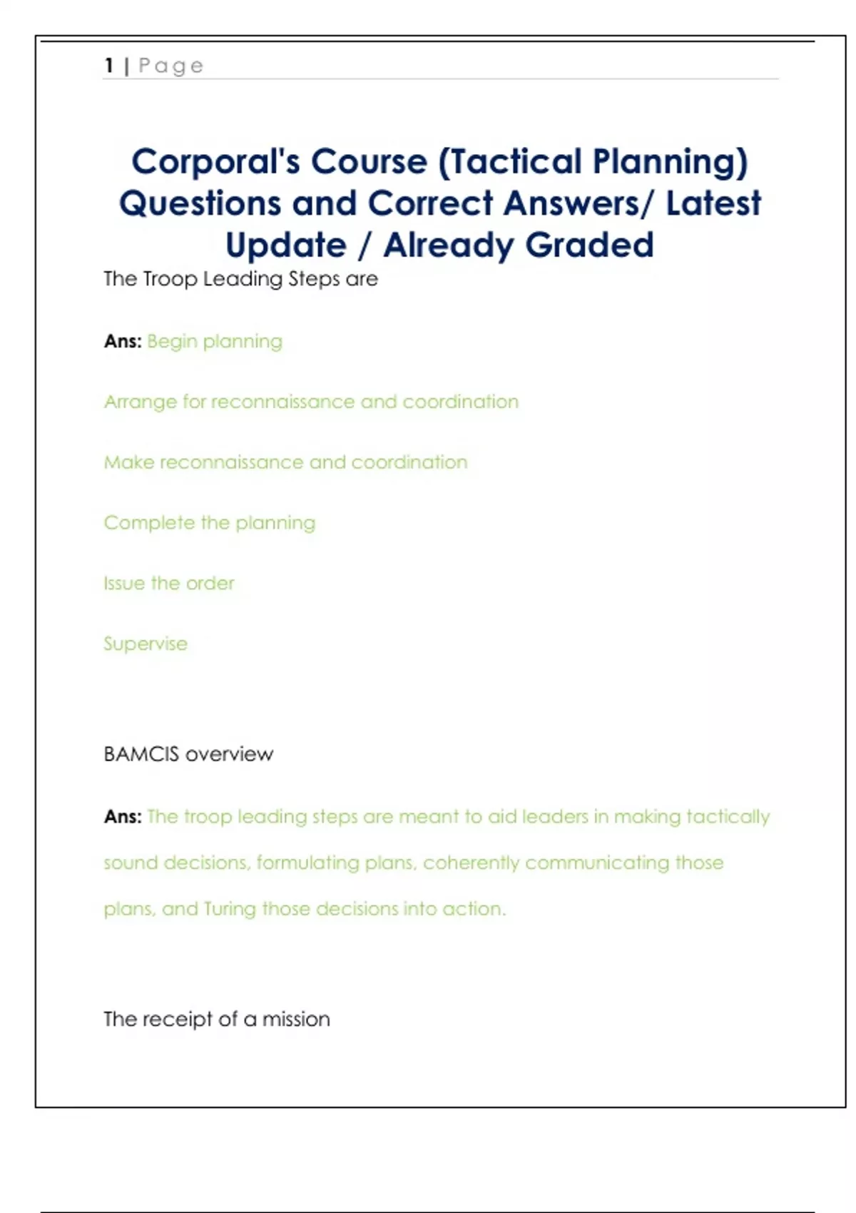 Questions Tactical Corporal's Course (Tactical Planning) Questions and Correct Answers ...