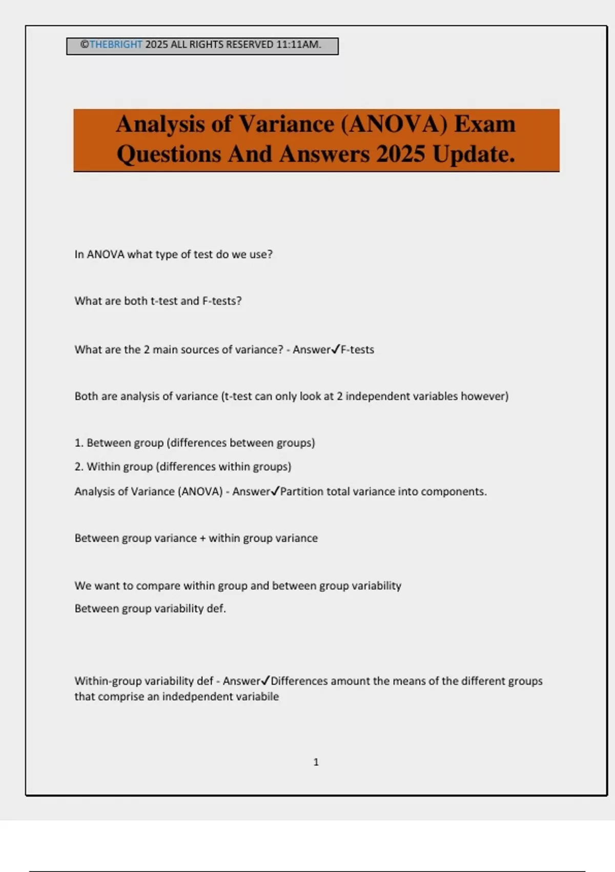 Analysis of Variance (ANOVA) Exam Questions And Answers 2025 Update ...