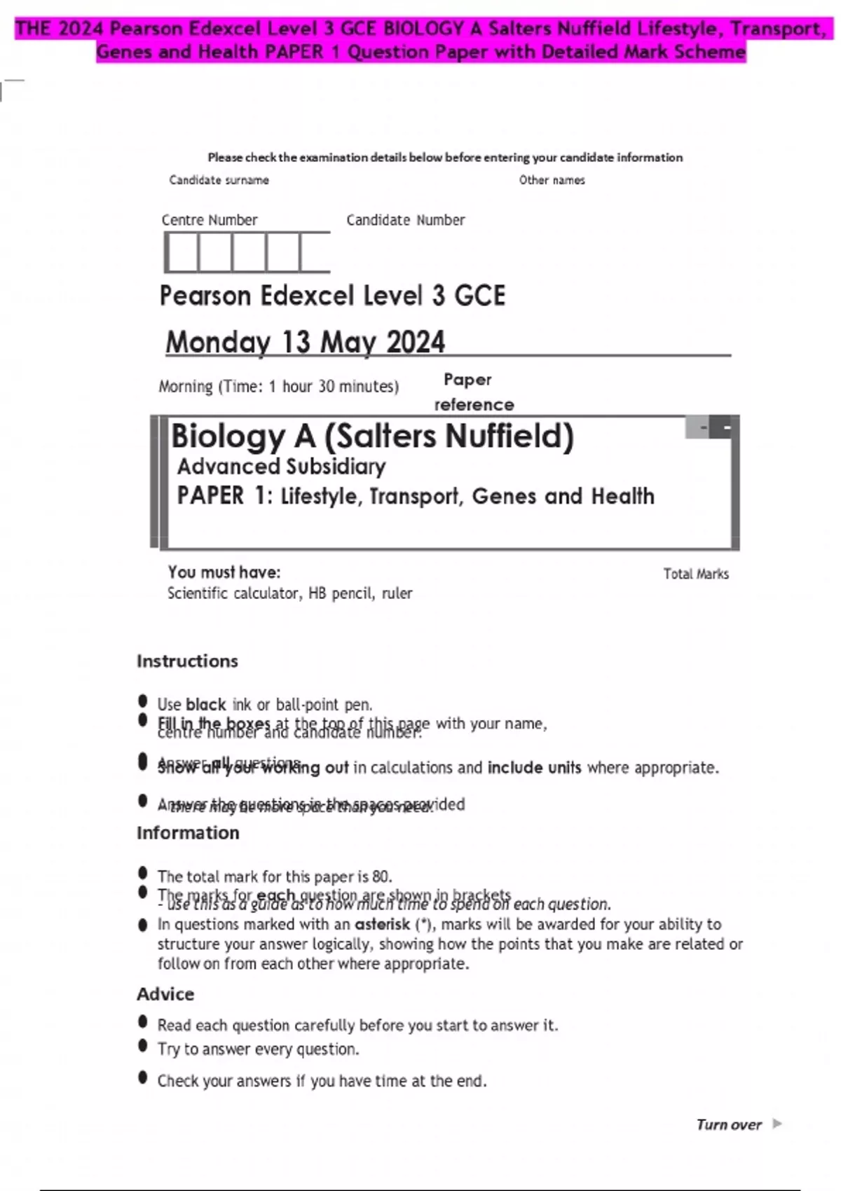 THE 2024 Pearson Edexcel Level 3 GCE BIOLOGY A Salters Nuffield ...