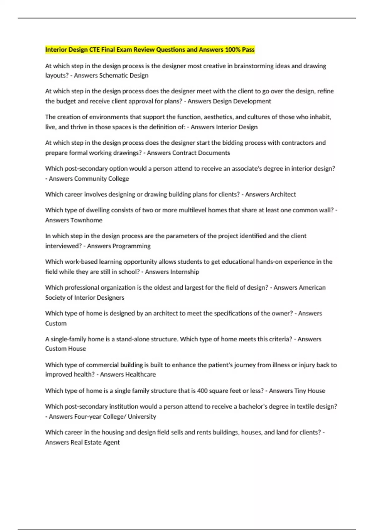 Interior Design CTE Final Exam Review Questions and Answers 100% Pass ...