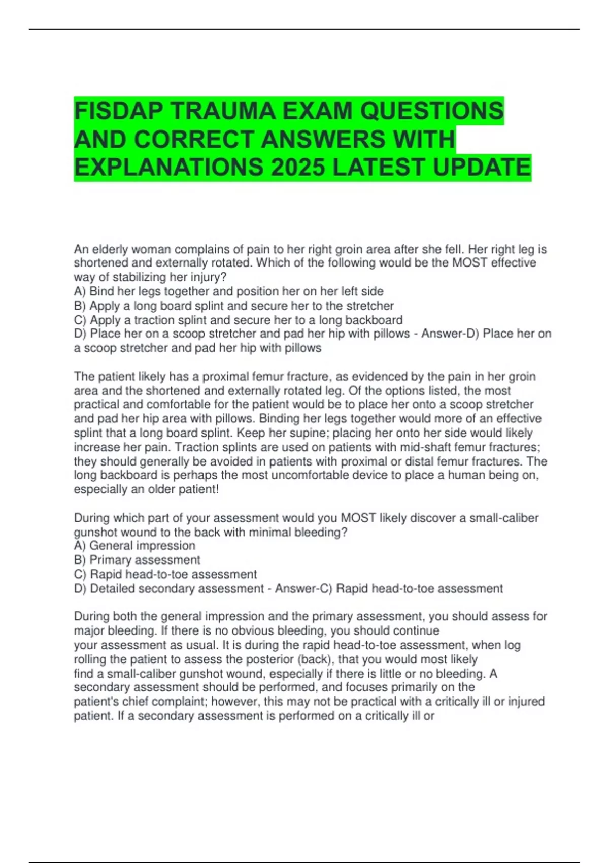 FISDAP TRAUMA EXAM QUESTIONS AND CORRECT ANSWERS WITH EXPLANATIONS 2025 ...