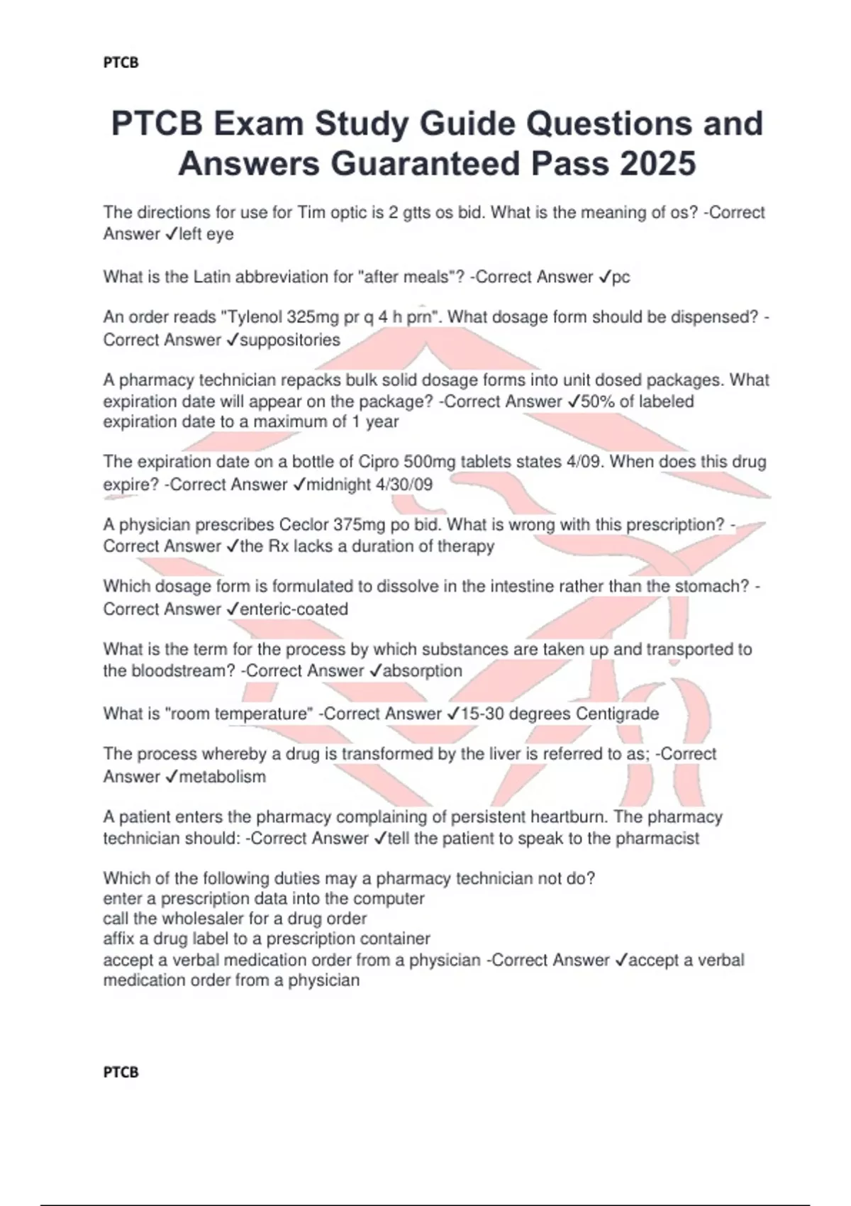 PTCB Exam Study Guide Questions and Answers Guaranteed Pass 2025 - PTCB ...