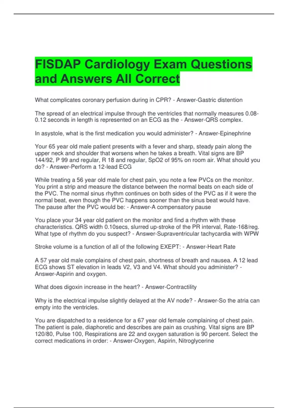 FISDAP Cardiology Exam Questions and Answers All Correct - FISDAP ...