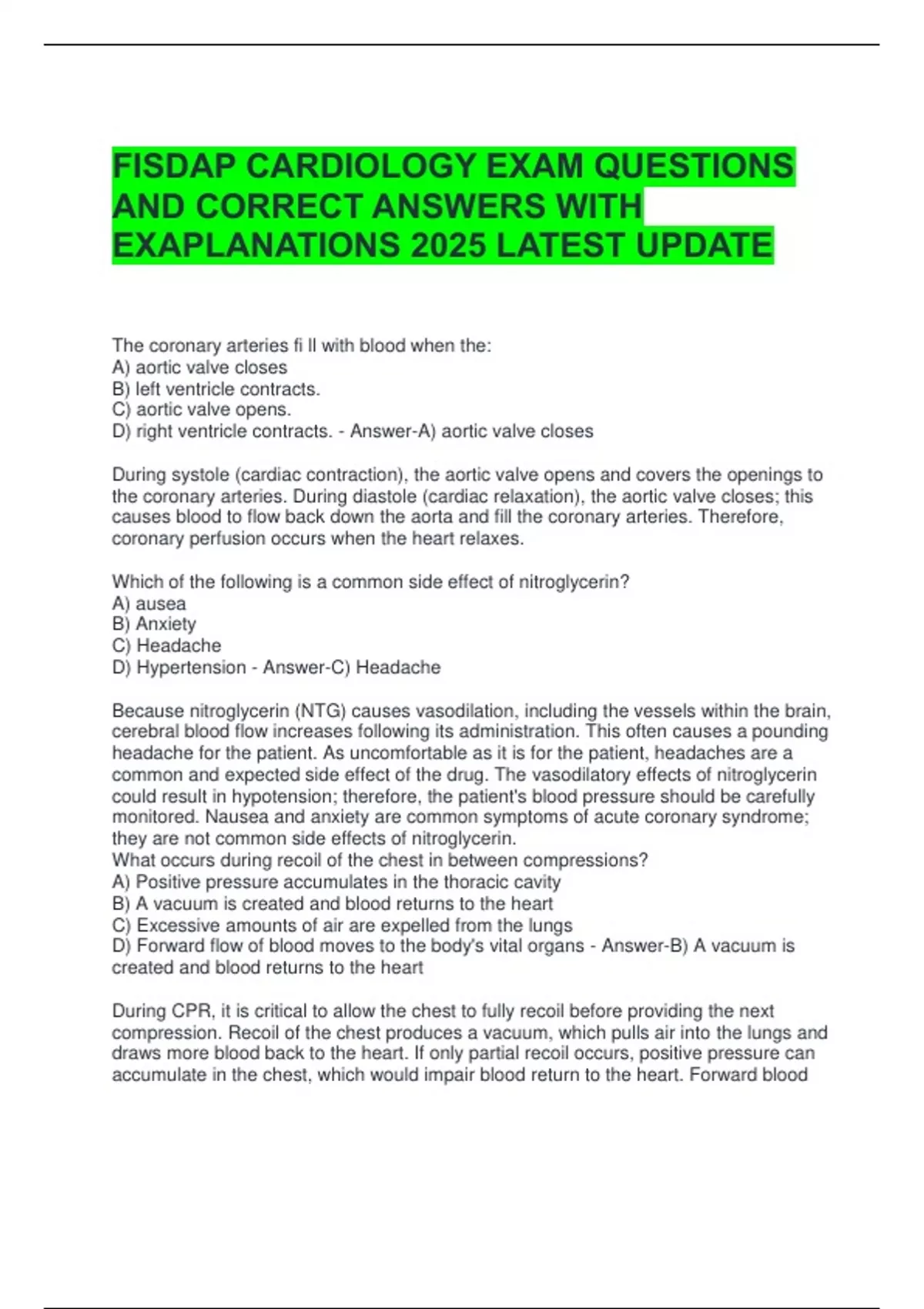 FISDAP CARDIOLOGY EXAM QUESTIONS AND CORRECT ANSWERS WITH EXAPLANATIONS ...