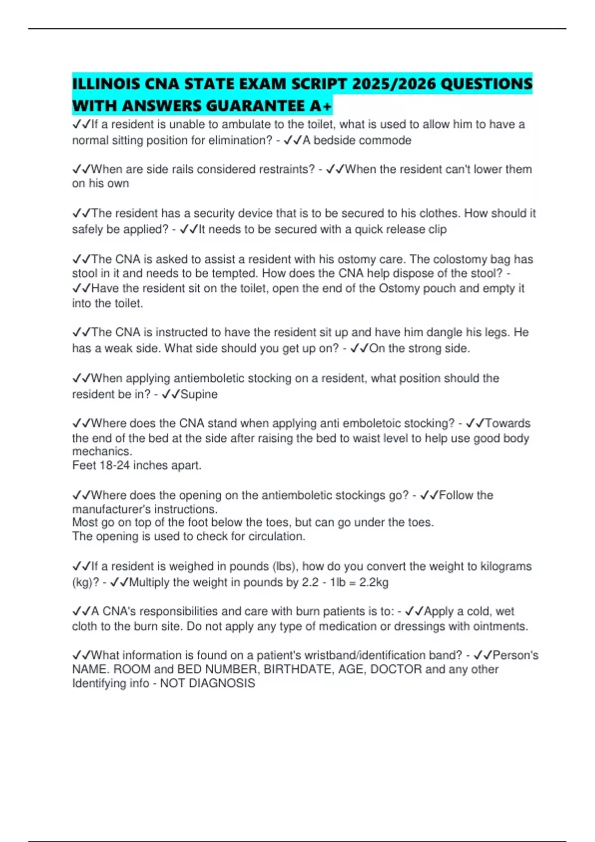 ILLINOIS CNA STATE EXAM SCRIPT 2025/2026 QUESTIONS WITH ANSWERS ...