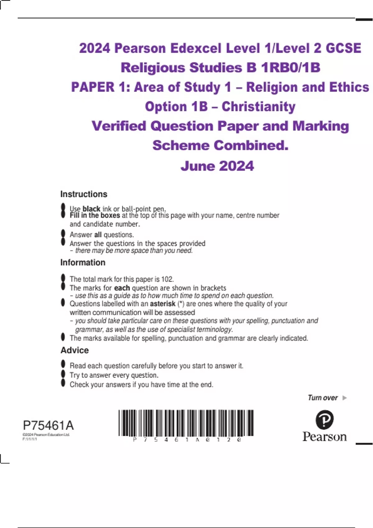 2024 Pearson Edexcel Level 1/Level 2 GCSE Religious Studies B 1RB0/1B ...