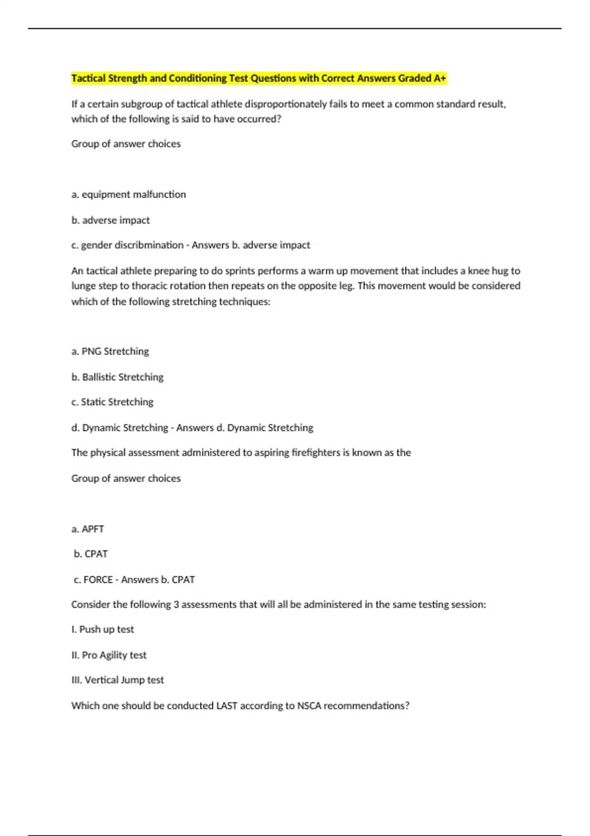 Questions Tactical Tactical Strength and Conditioning Test Questions with Correct Answers ...