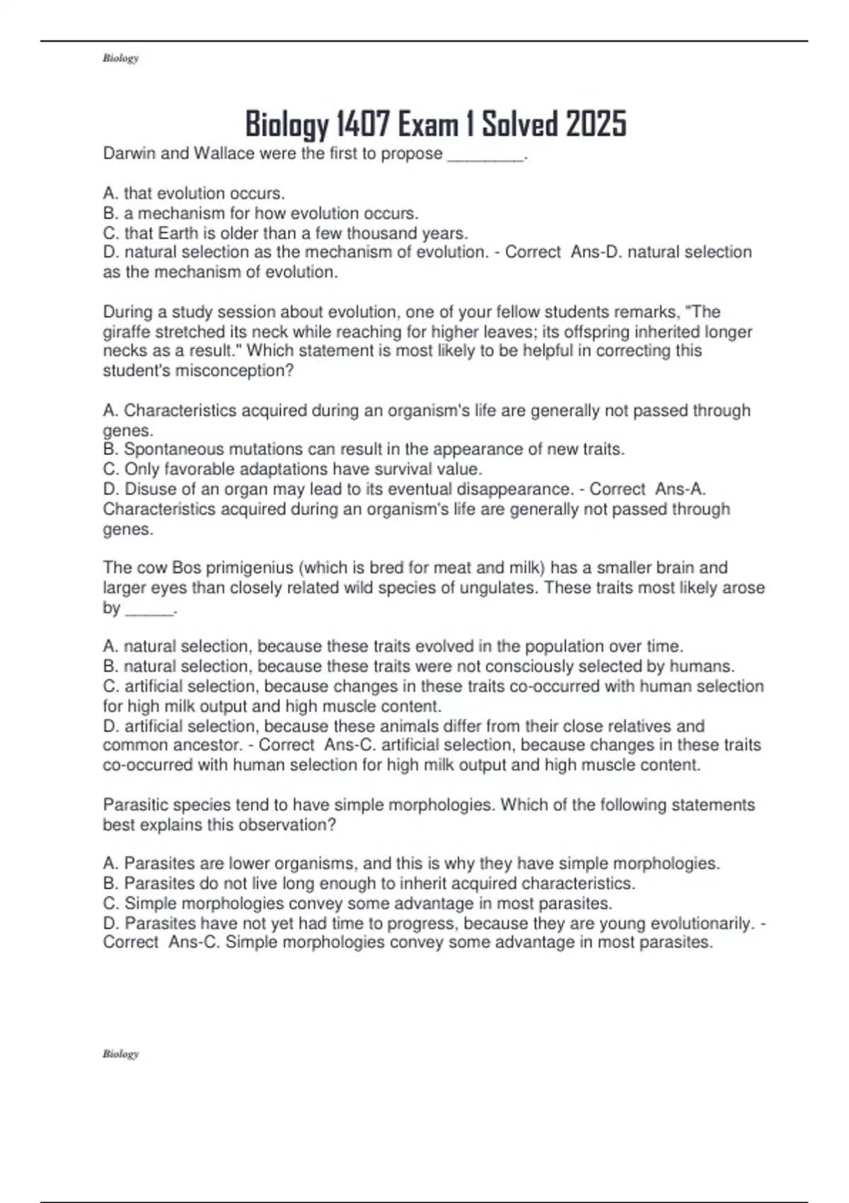 Biology 1407 Exam 1 Solved 2025 Biology 1407 Stuvia Us