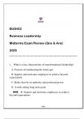 BUS452 Business Leadership &lpar;EU&rpar; Midterms Exam Review 2025 &lpar;Qns & Ans&rpar;