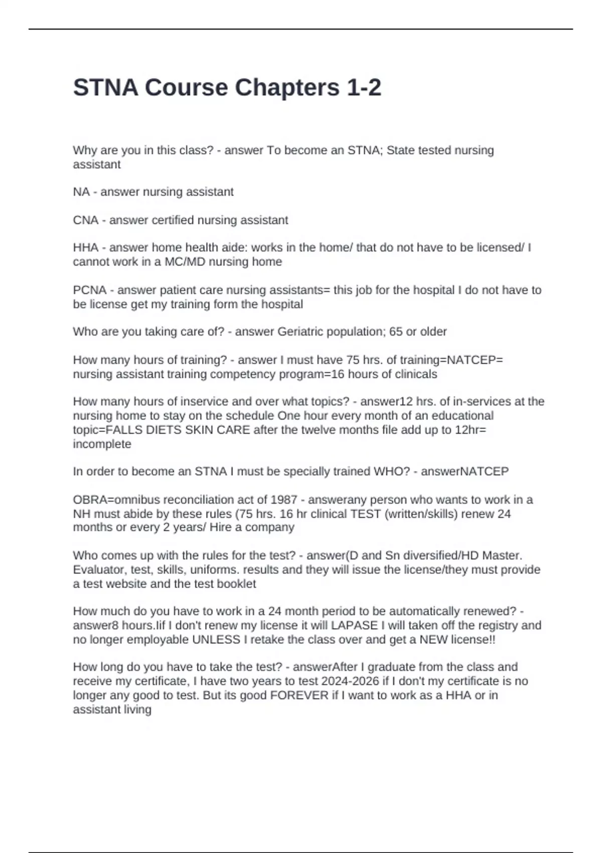 Stna Interview Questions STNA Course Chapters 1 Questions and Answers 100% Correct - Stna ...