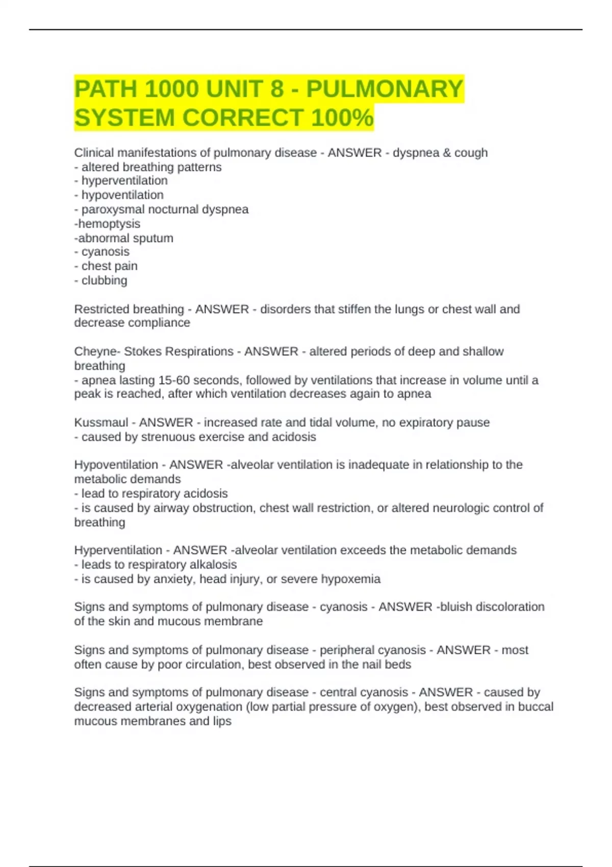 PATH 1000 UNIT 8 - PULMONARY SYSTEM CORRECT 100% - PATH 1000 - Stuvia US