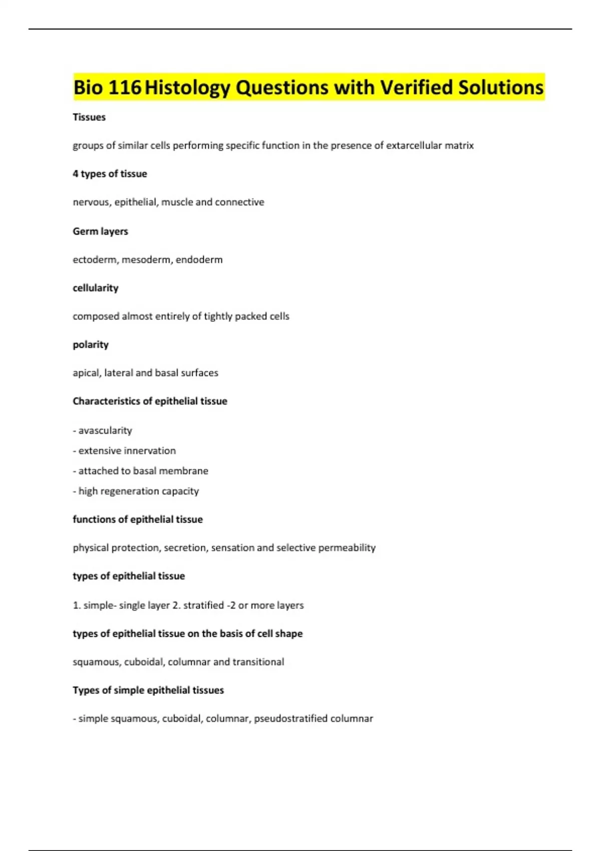 Bio 116 Histology Questions with Verified Solutions - Bio 116 - Stuvia US
