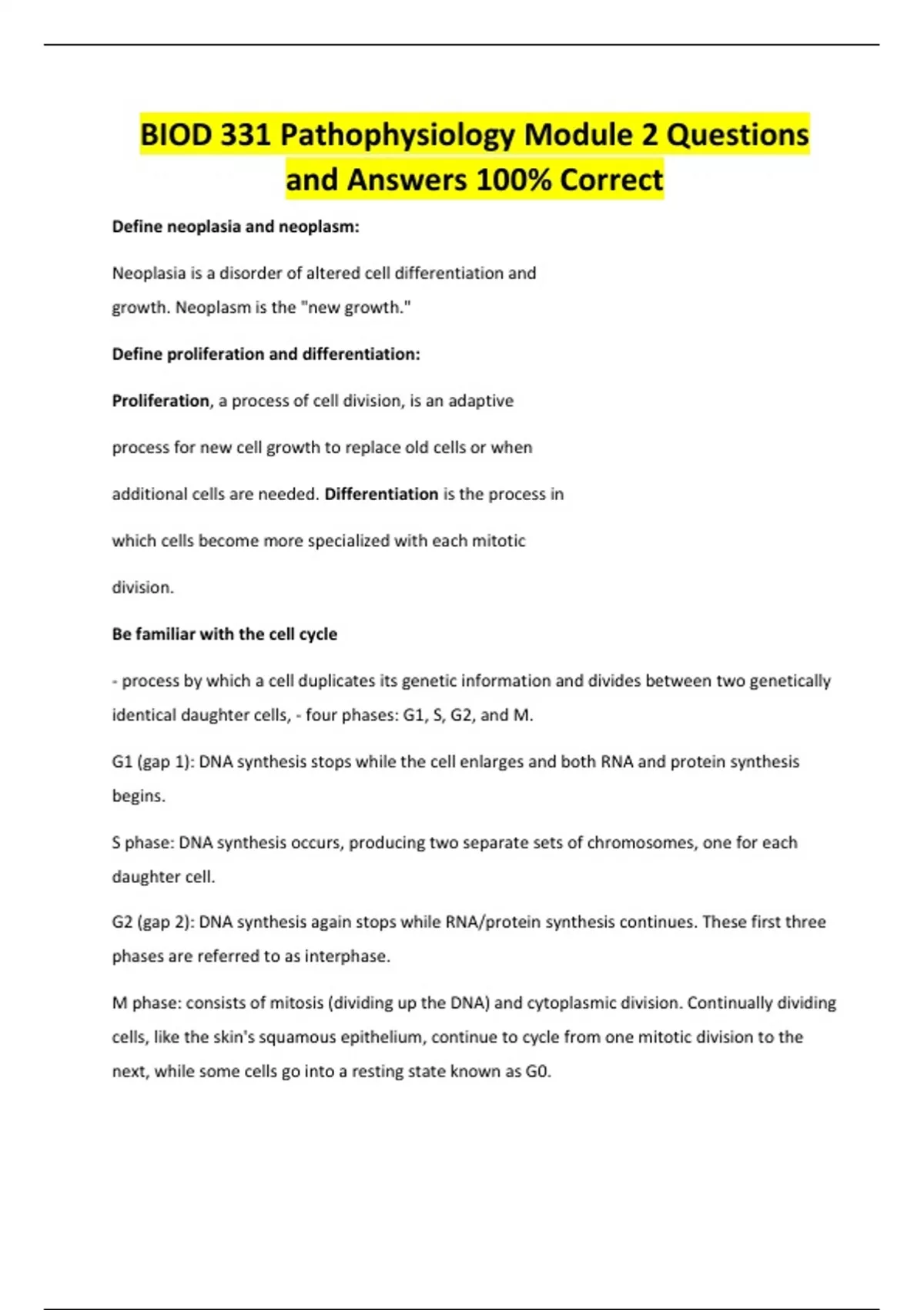 BIOD 331 Pathophysiology Module 2 Questions and Answers 100% Correct ...