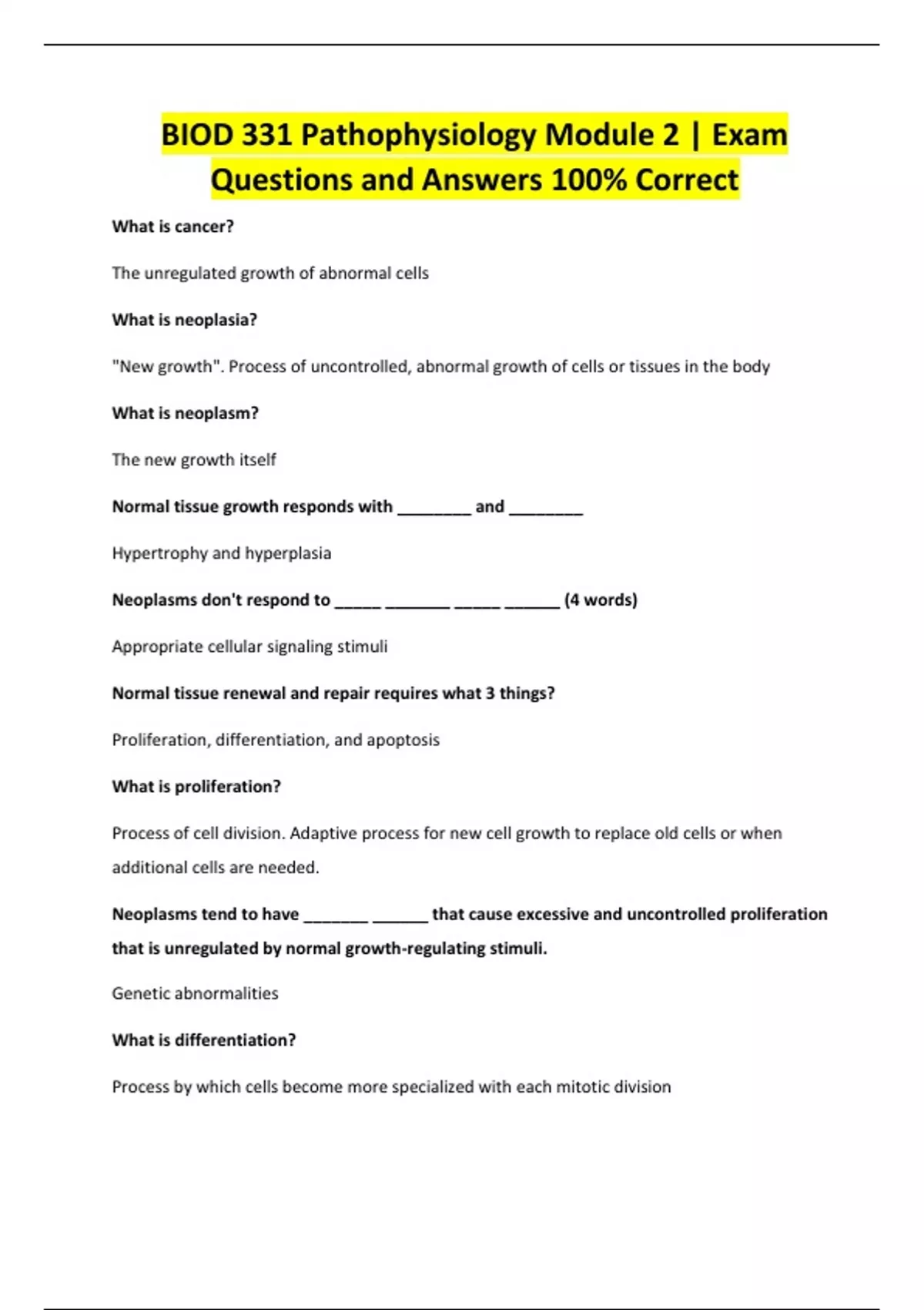 BIOD 331 Pathophysiology Module 2 | Exam Questions and Answers 100% ...