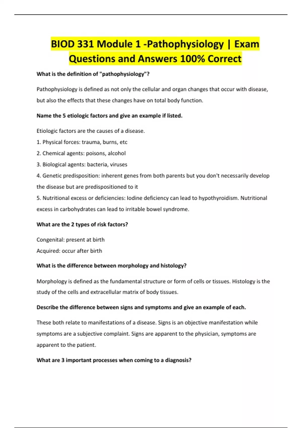 BIOD 331 Module 1 -Pathophysiology | Exam Questions and Answers 100% ...