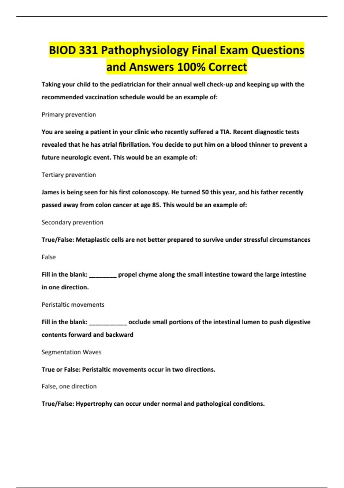 BIOD 331 Pathophysiology Final Exam Questions and Answers 100% Correct ...